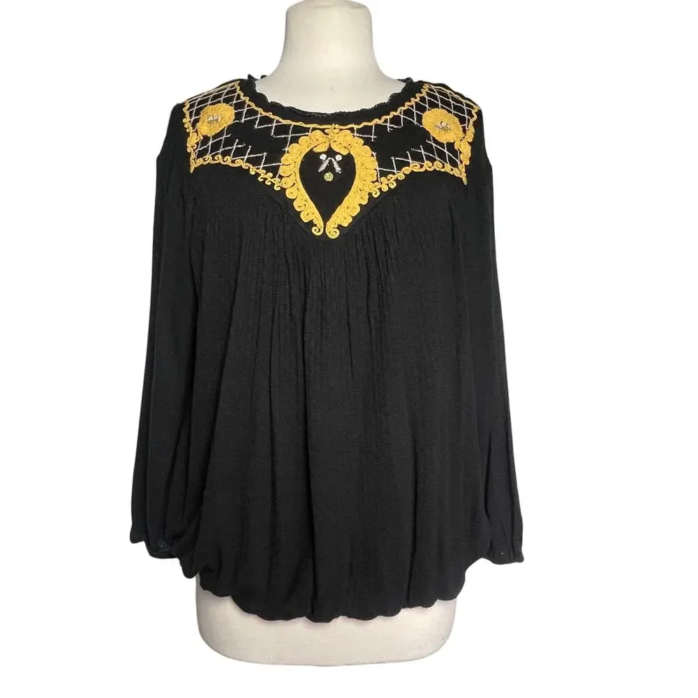 NWT FREE PEOPLE Women’s Boho Begonia Black Embroidered Bubble Hem Top